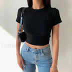 Short Sleeve Solid Simple Casual Crop Top Black / S