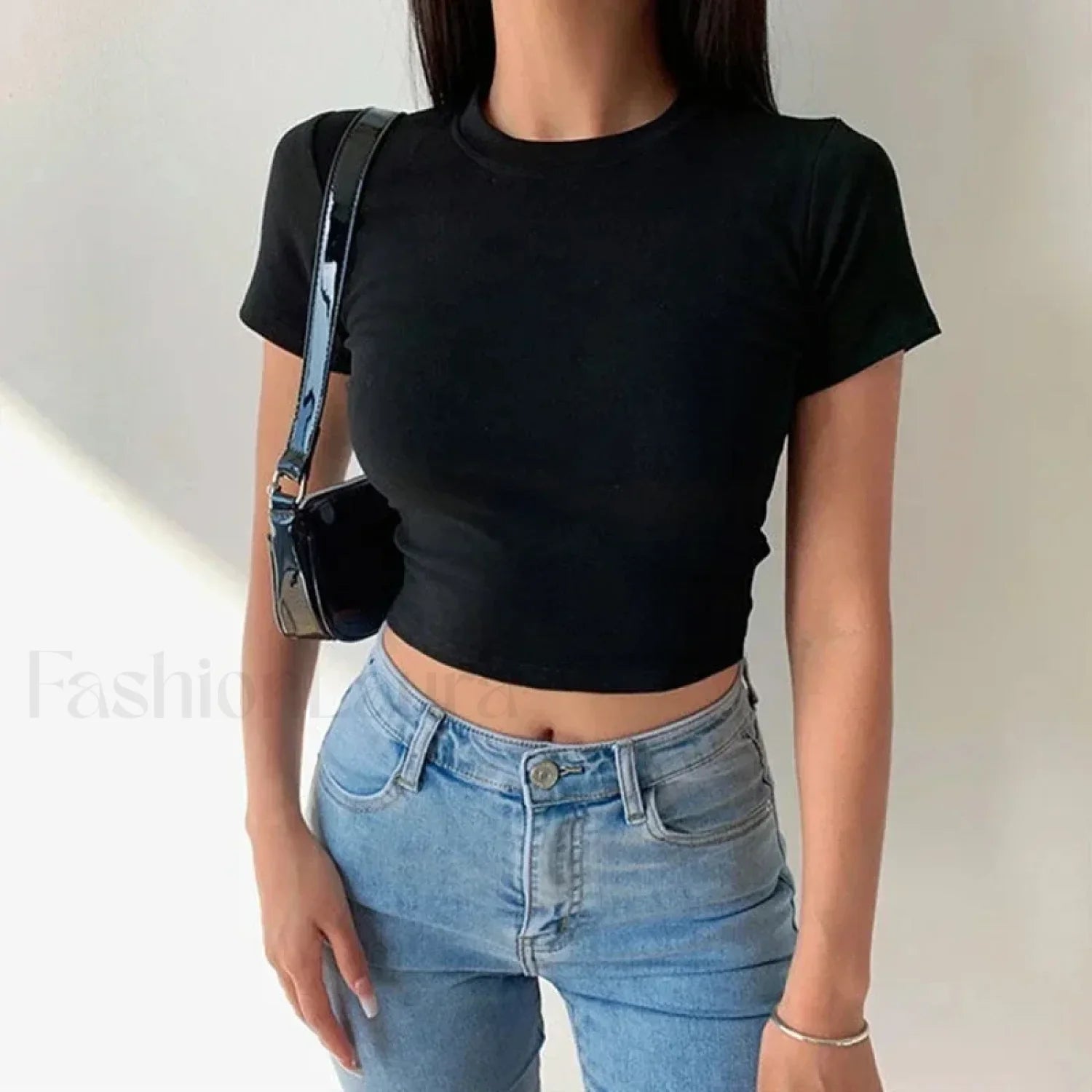 Short Sleeve Solid Simple Casual Crop Top Black / S