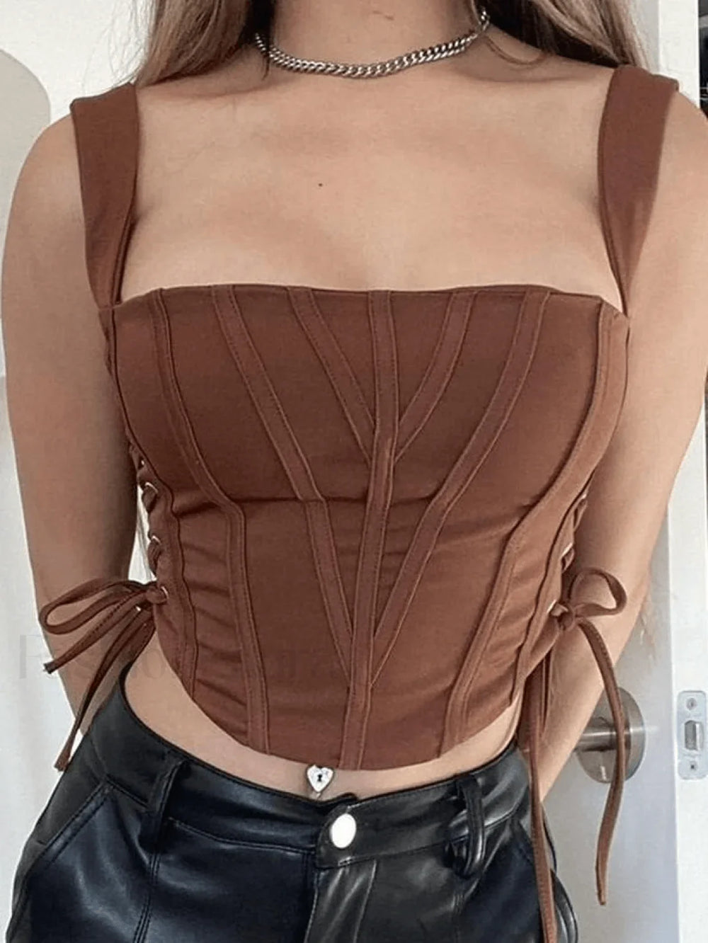 Side Lace Up Corset Top Brown / S Tops&Tees