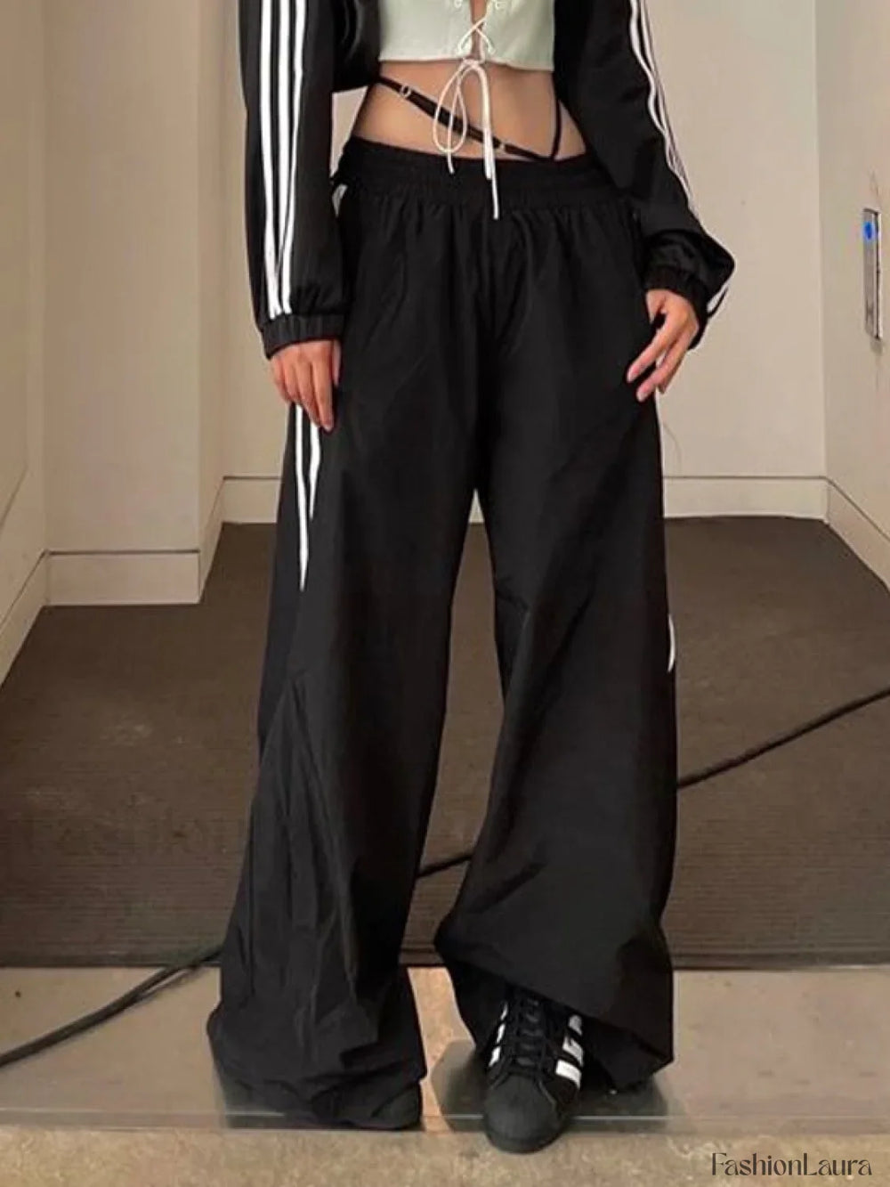 Side Striped Black Wide Leg Pants Wide Leg Pants