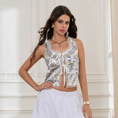 Silky Double Bow Lace Crop Top WHITE / S