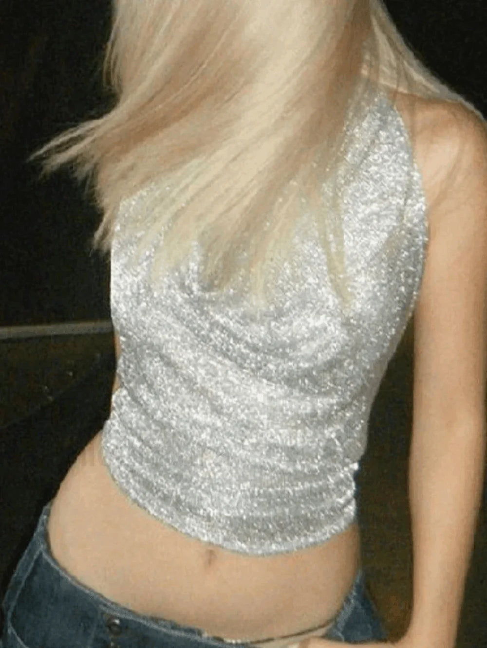 Silver Halter Cropped Tank Top Tops&Tees