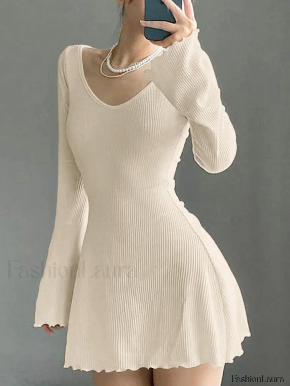 Simple Knitted Long Sleeve Mini Dress Beige / S Mini Dresses