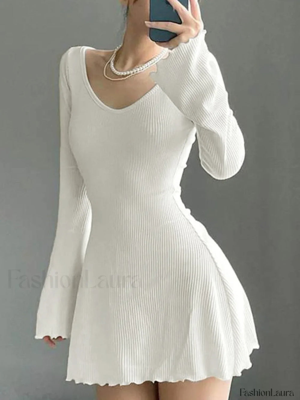 Simple Knitted Long Sleeve Mini Dress White / S Mini Dresses