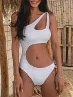 Single Shoulder Hollow Out One Piece WHITE / M