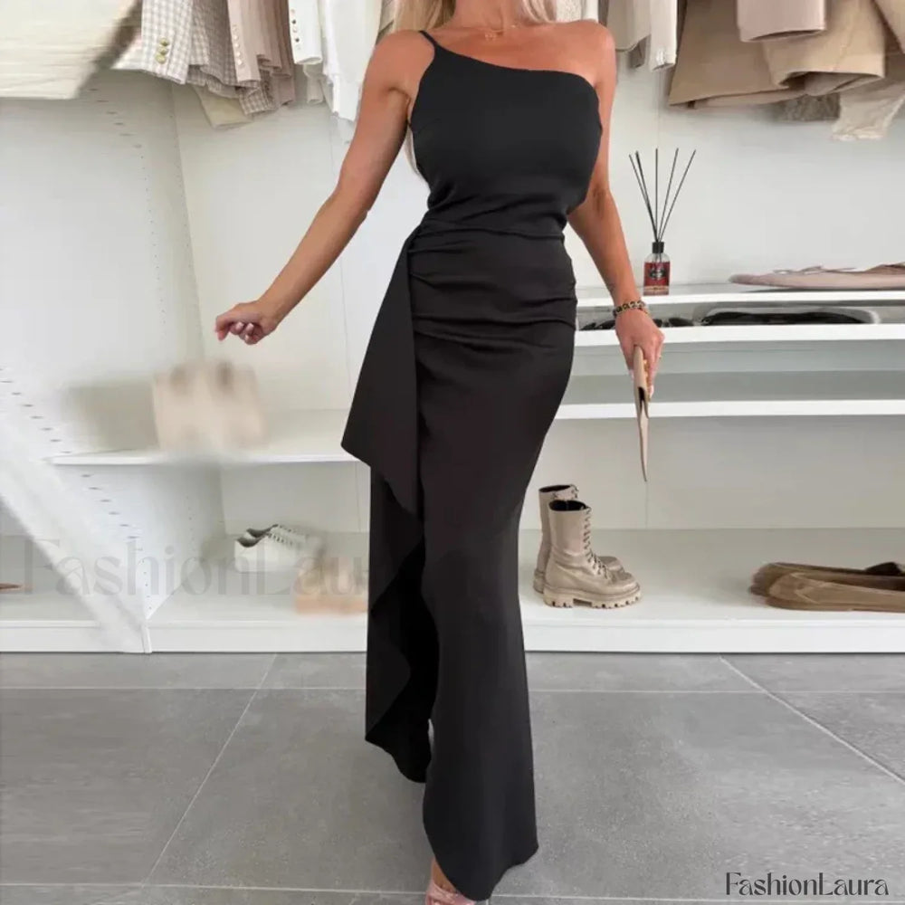 Skew Neck Wrap Split Maxi Dress 02 Black / S