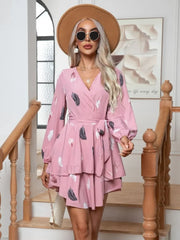 Skinny Feather Printed V neck for Women New 2024 Mini Dress