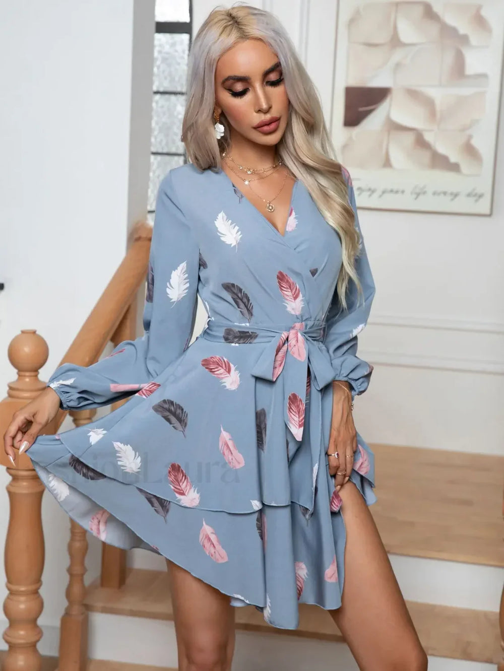 Skinny Feather Printed V neck for Women New 2024 Mini Dress Sky blue / S