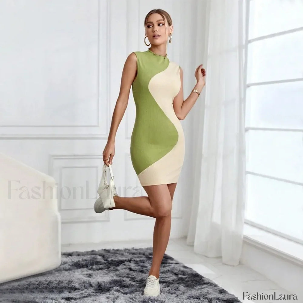 Skinny Knitted Summer Women’s 2024 New Patchwork Sleeveless Slim Elastic High Waist Hip Wrap Mini Dress