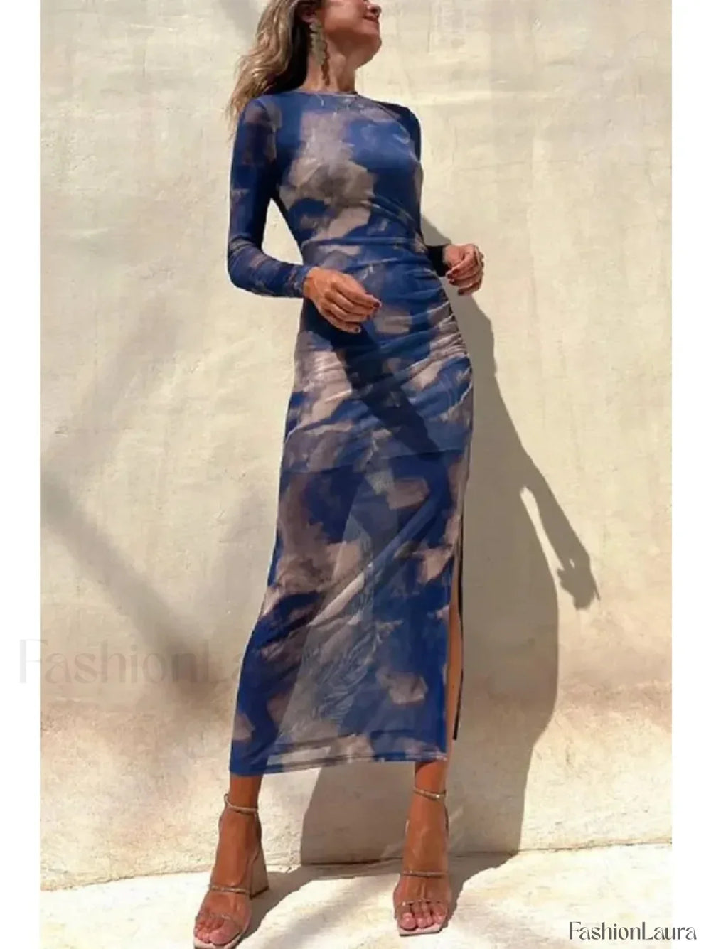 Skinny Mesh Long Sleeve Split Spring/Summer Print Slim Fit Elastic Maxi Dress