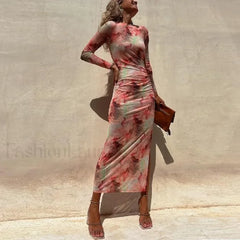 Skinny Mesh Long Sleeve Split Spring/Summer Print Slim Fit Elastic Maxi Dress
