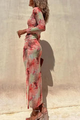 Skinny Mesh Long Sleeve Split Spring/Summer Print Slim Fit Elastic Maxi Dress