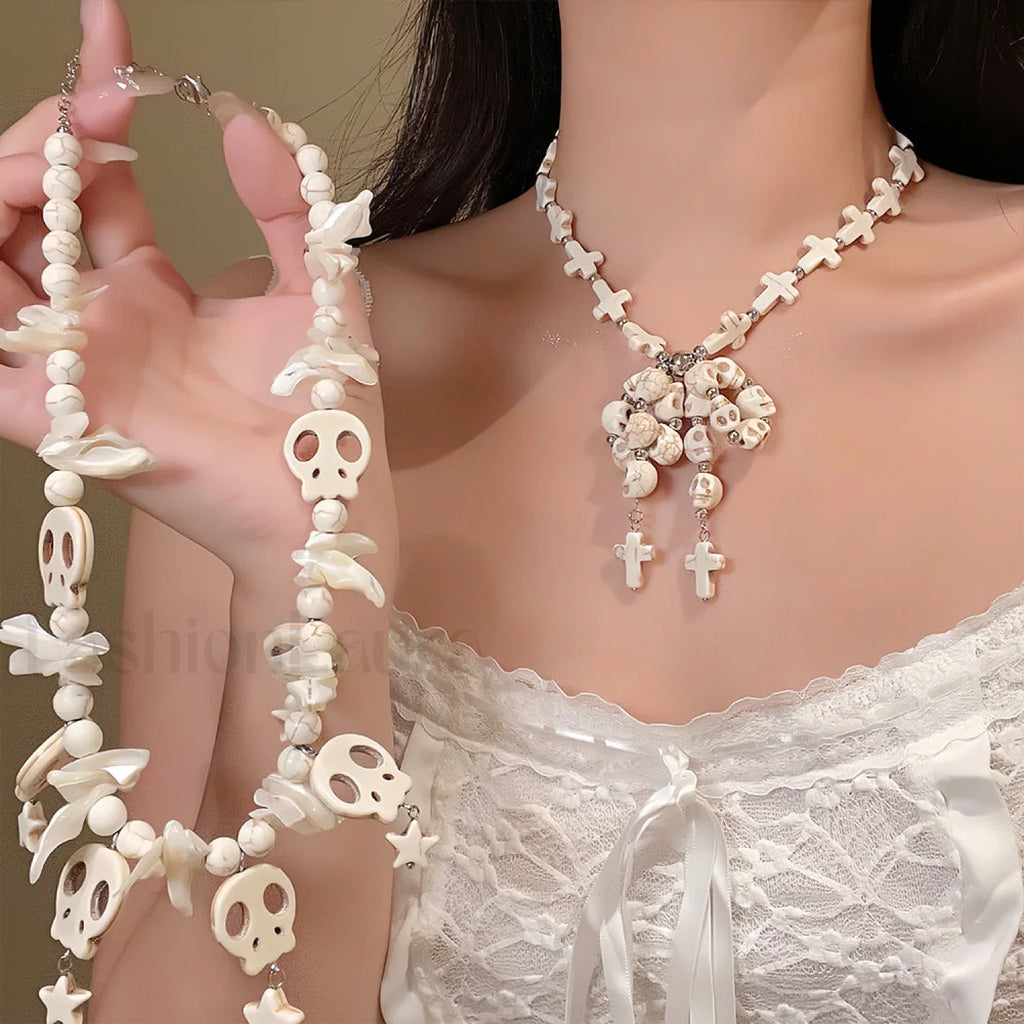 Skull Bow Beaded Cross Star Pendant Necklace WHITE