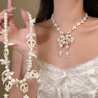 Skull Bow Beaded Cross Star Pendant Necklace WHITE