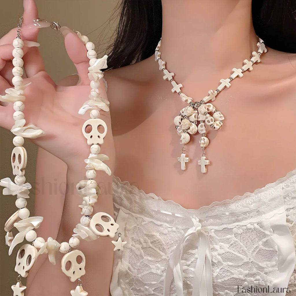 Skull Bow Beaded Cross Star Pendant Necklace WHITE