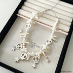 Skull Bow Beaded Cross Star Pendant Necklace WHITE