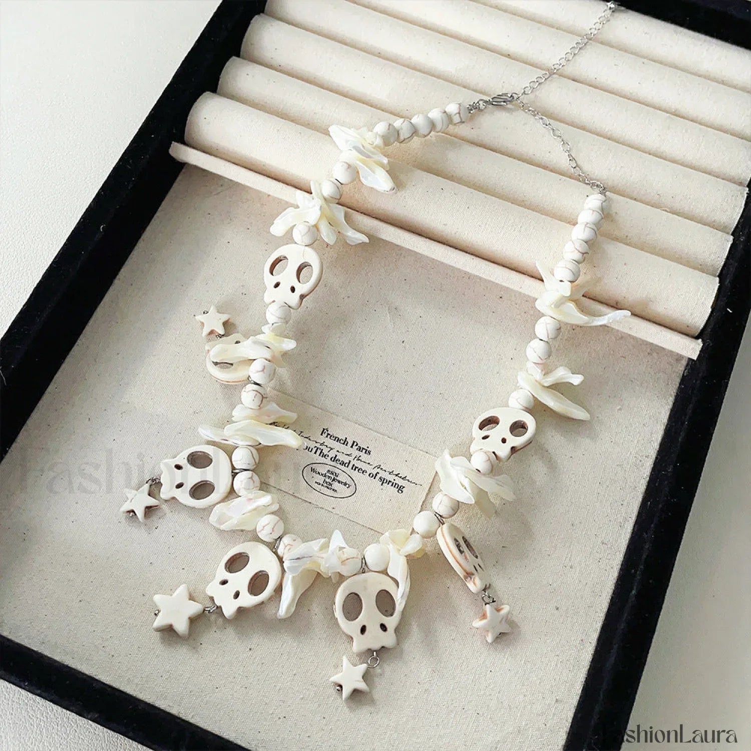 Skull Bow Beaded Cross Star Pendant Necklace WHITE