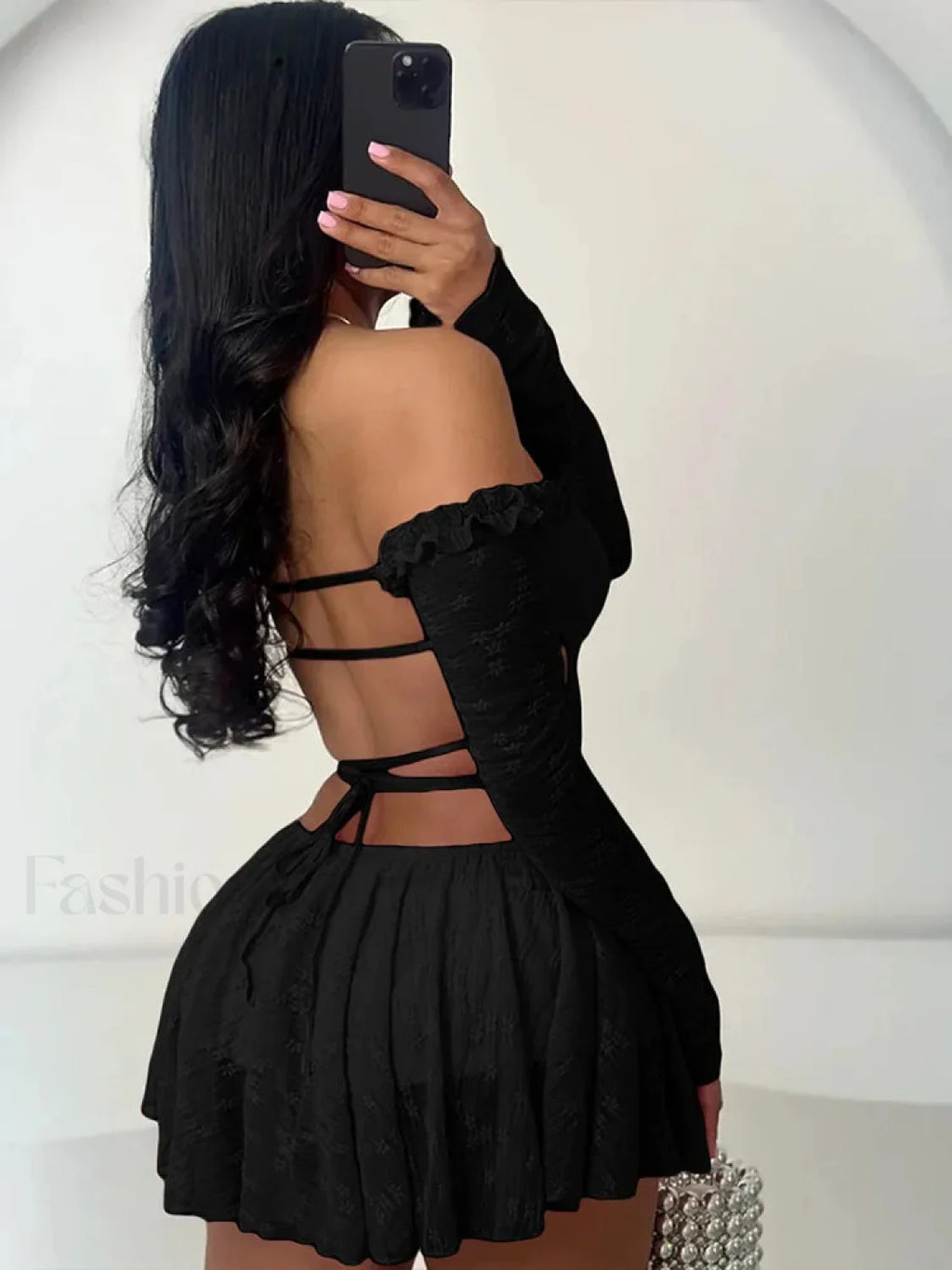 Slash Neck Bandage Mini Dress Black / S