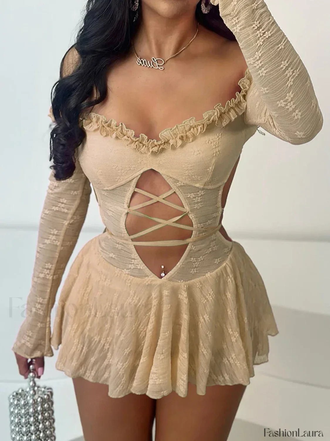 Slash Neck Bandage Mini Dress Khaki / S