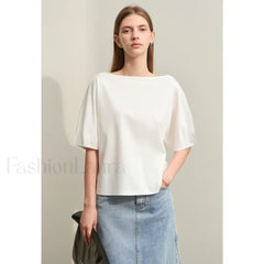 Slash Neck Lantern Sleeve T Shirt Beige / S