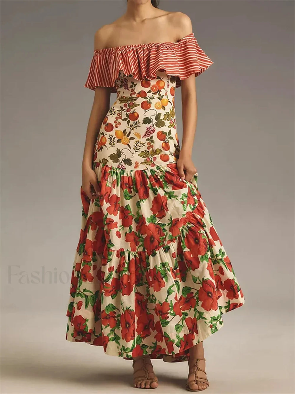 Slash Neck Off Shoulder Floral Dress red / S