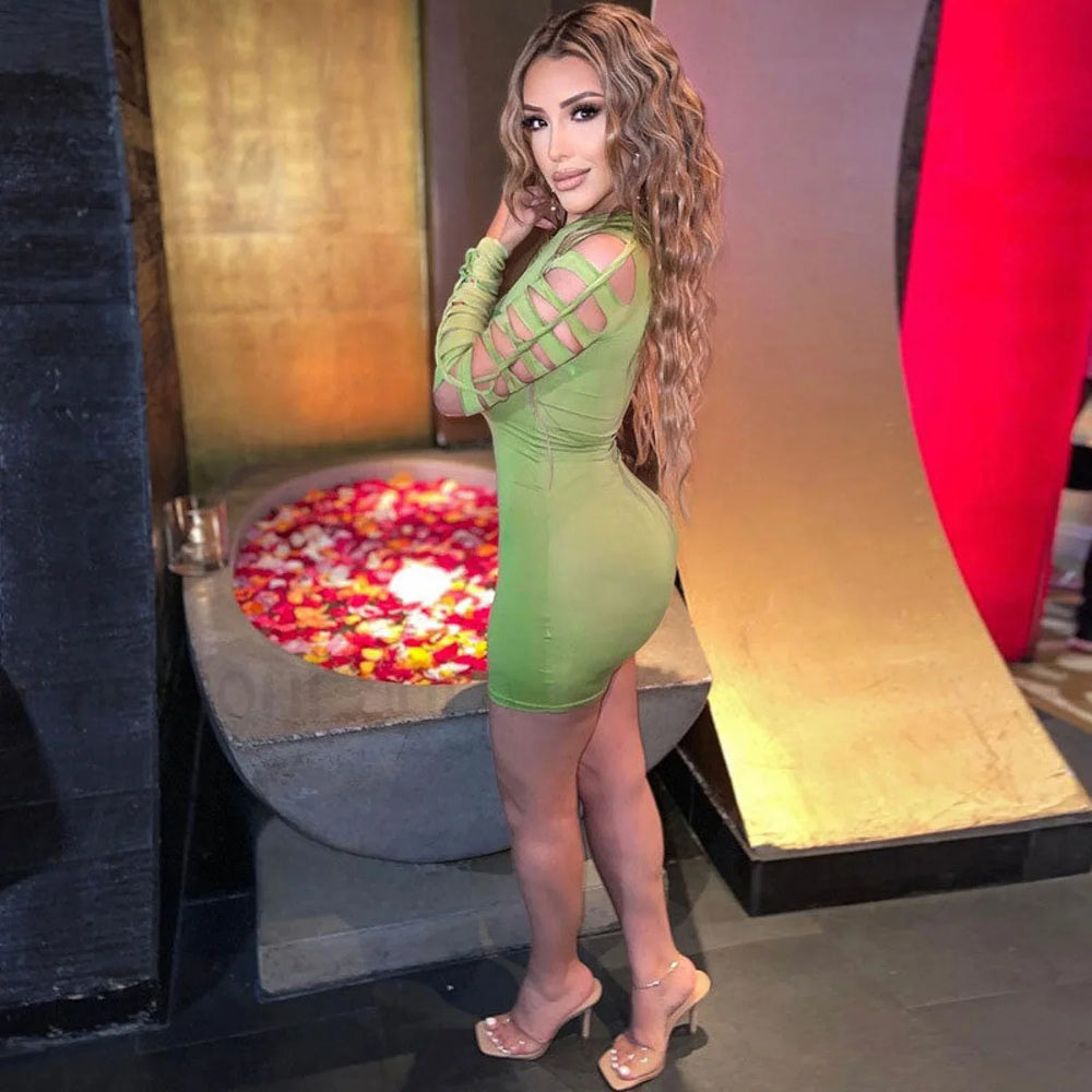 Slashed Ladder Cut Out Crew Neck Long Sleeve Bodycon Mini Dress Black L / Black Party Dresses