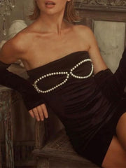 Sleeve Cover Faux Pearl Strapless Velvet Mini Dress Mini Dresses