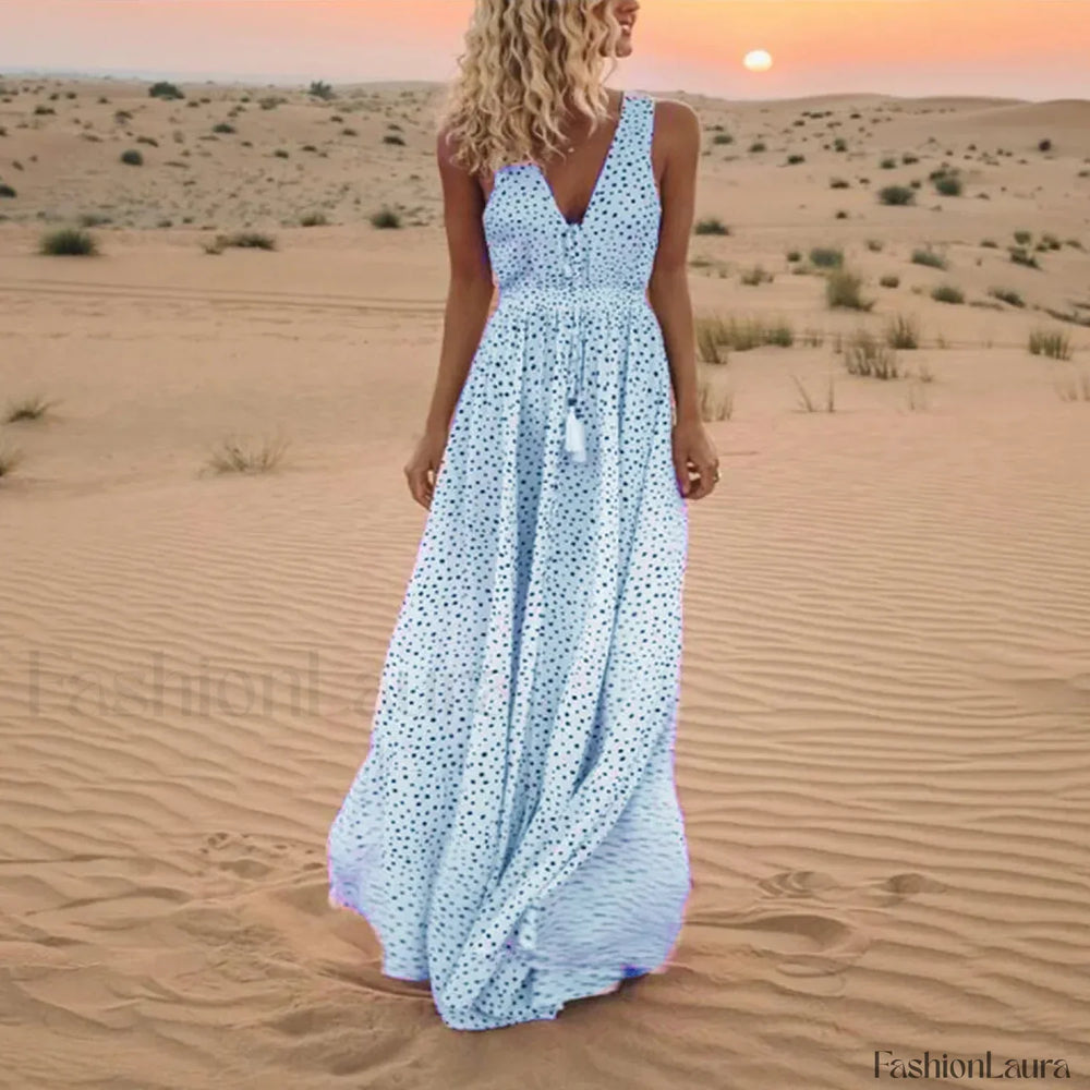 Sleeveless A Line Patchwork Boho Dress Light Blue / S