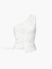 Sleeveless One Shoulder Trendy Ruched Plain Top Tank Tops & Camis