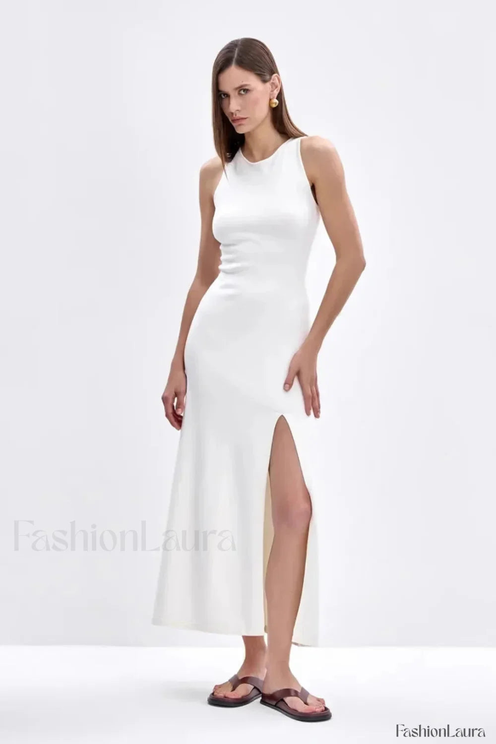 Sleeveless Split Bodycon Work Dress White / S