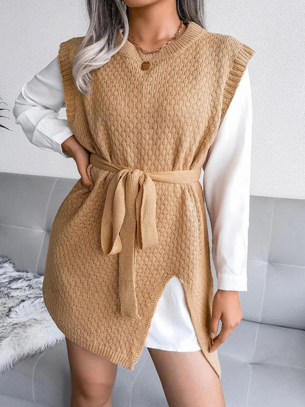 Sleeveless Split Knit Midi Dress Camel / S Midi Dresses