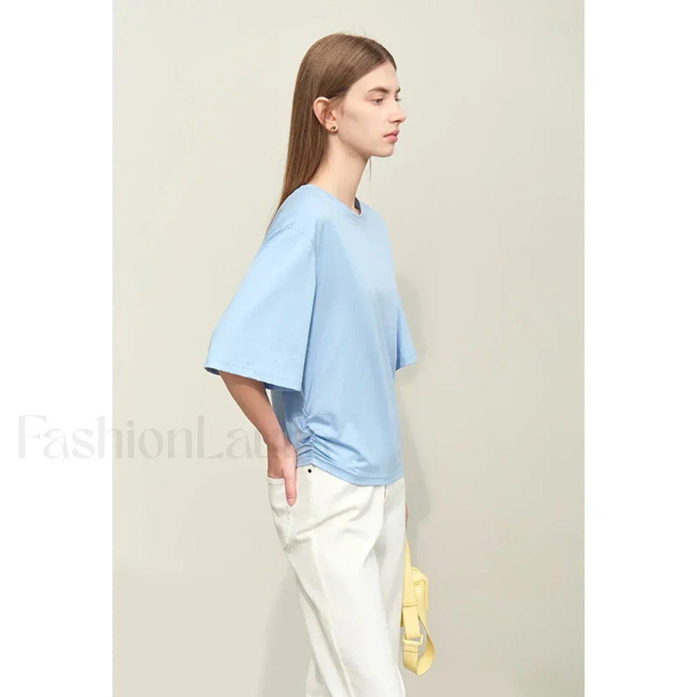 Slightly Elastic Loose Cotton T Shirt Blue / S