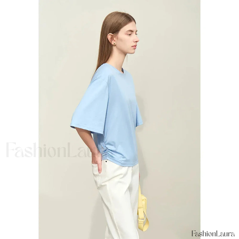 Slightly Elastic Loose Cotton T Shirt Blue / S