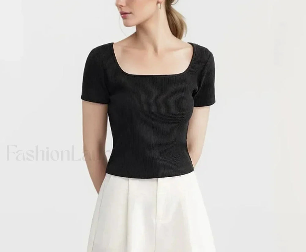 Slim Elegant Square Collar Cotton T Shirt