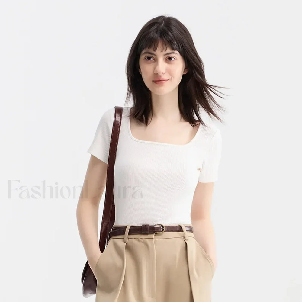 Slim Elegant Square Collar Cotton T Shirt WHITE / S