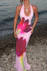 Slim Fit Hip Halter Vacation Floral Dress