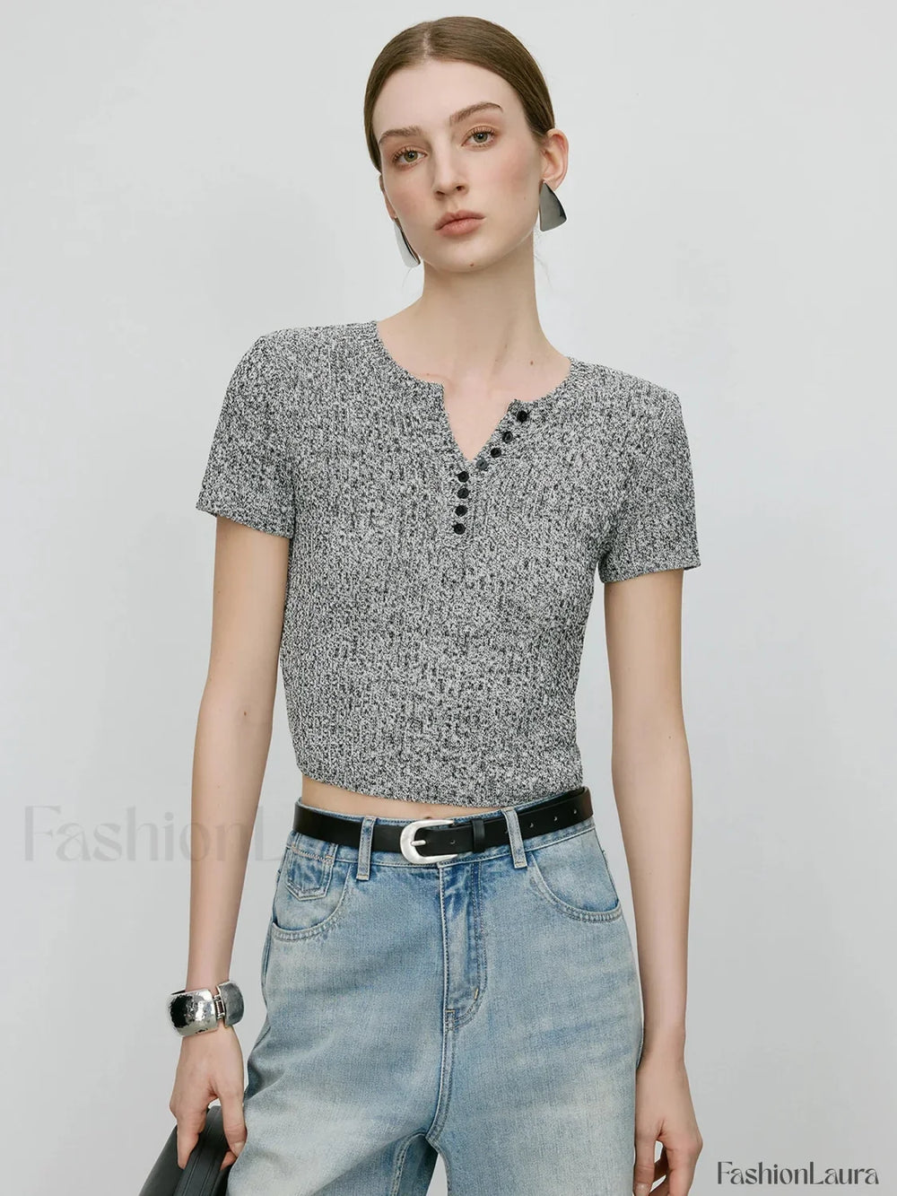 Slim Fit Knitted Grey Round Neck T Shirt GRAY / S