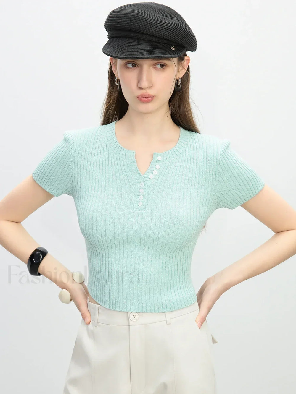 Slim Fit Knitted Grey Round Neck T Shirt Mint / S