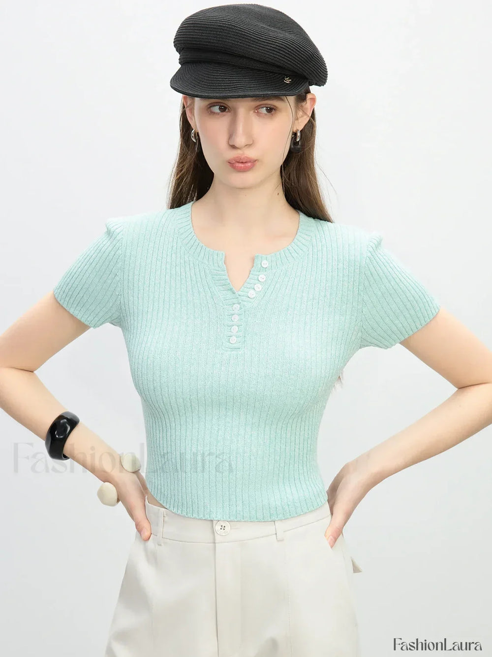 Slim Fit Knitted Grey Round Neck T Shirt Mint / S