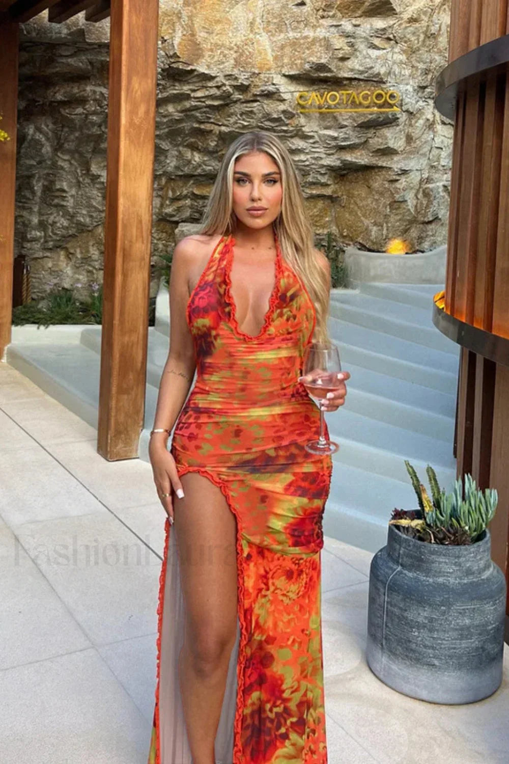 Slim Fit Printed Split End Holiday Floral Dress