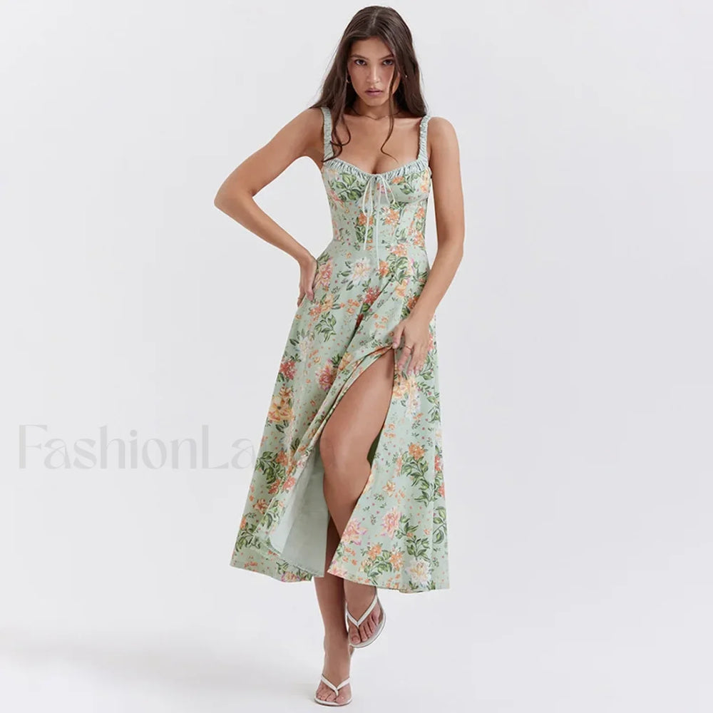 Slim Spaghetti Strap Floral Dress Green / M