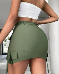 Slim Summer Army Green Cargo Pocket A Line Mini Skirt