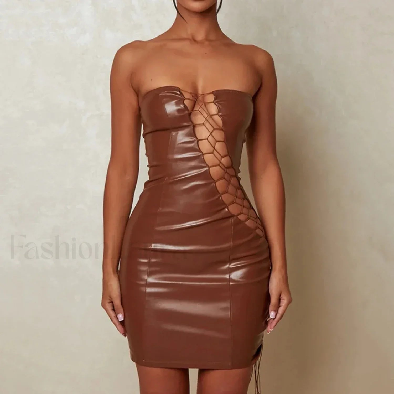 Slimming Strap Waist Mini Dress Brown / S