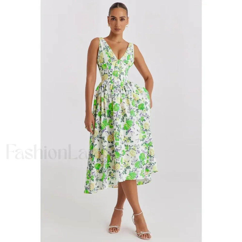Slimming V Neck Midi Floral Dress