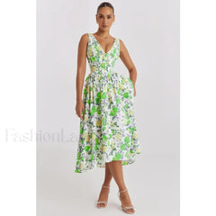 Slimming V Neck Midi Floral Dress