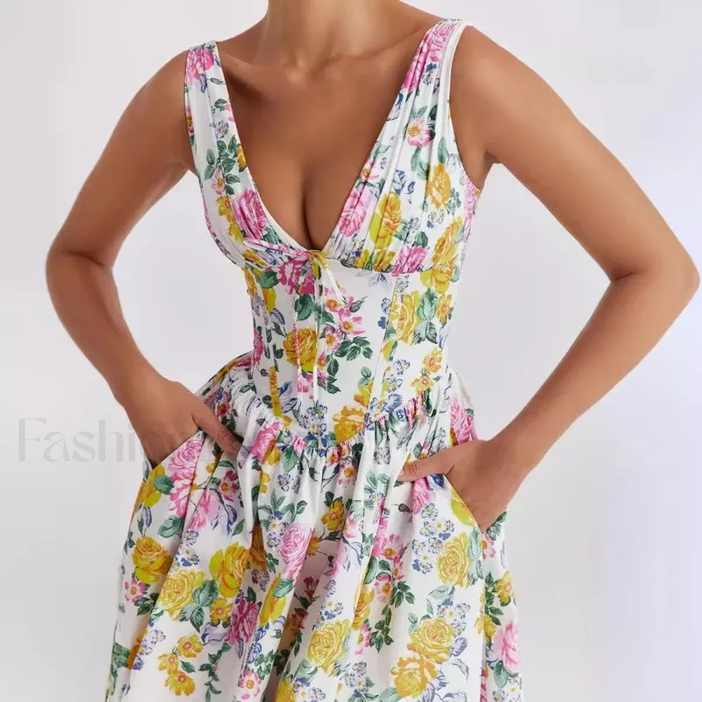 Slimming V Neck Midi Floral Dress