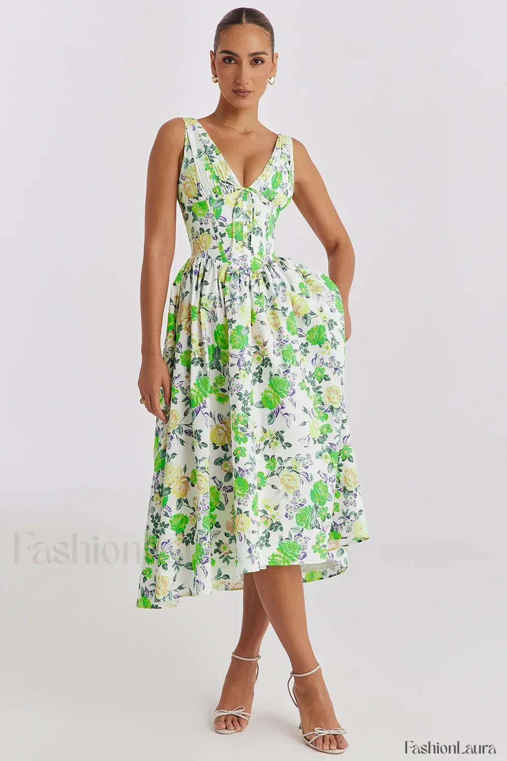 Slimming V Neck Midi Floral Dress grass green / S