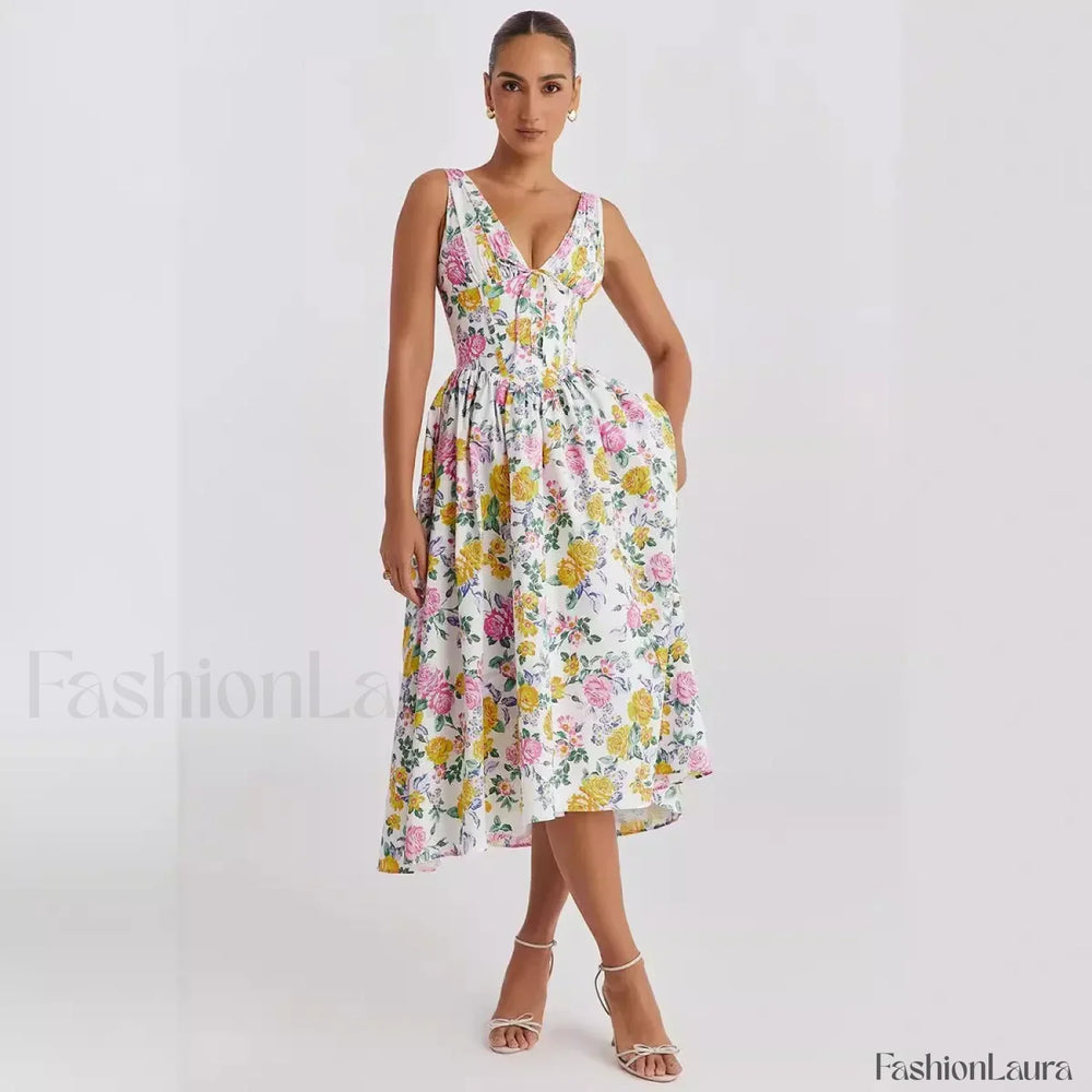 Slimming V Neck Midi Floral Dress Pink yellow / S