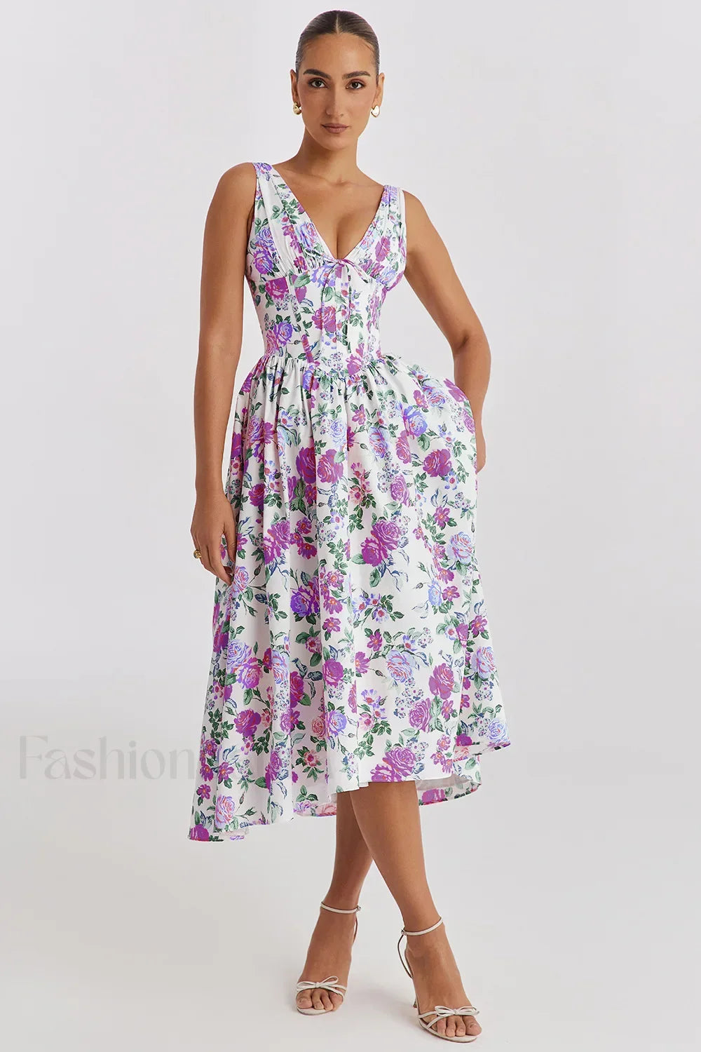 Slimming V Neck Midi Floral Dress Purple / S