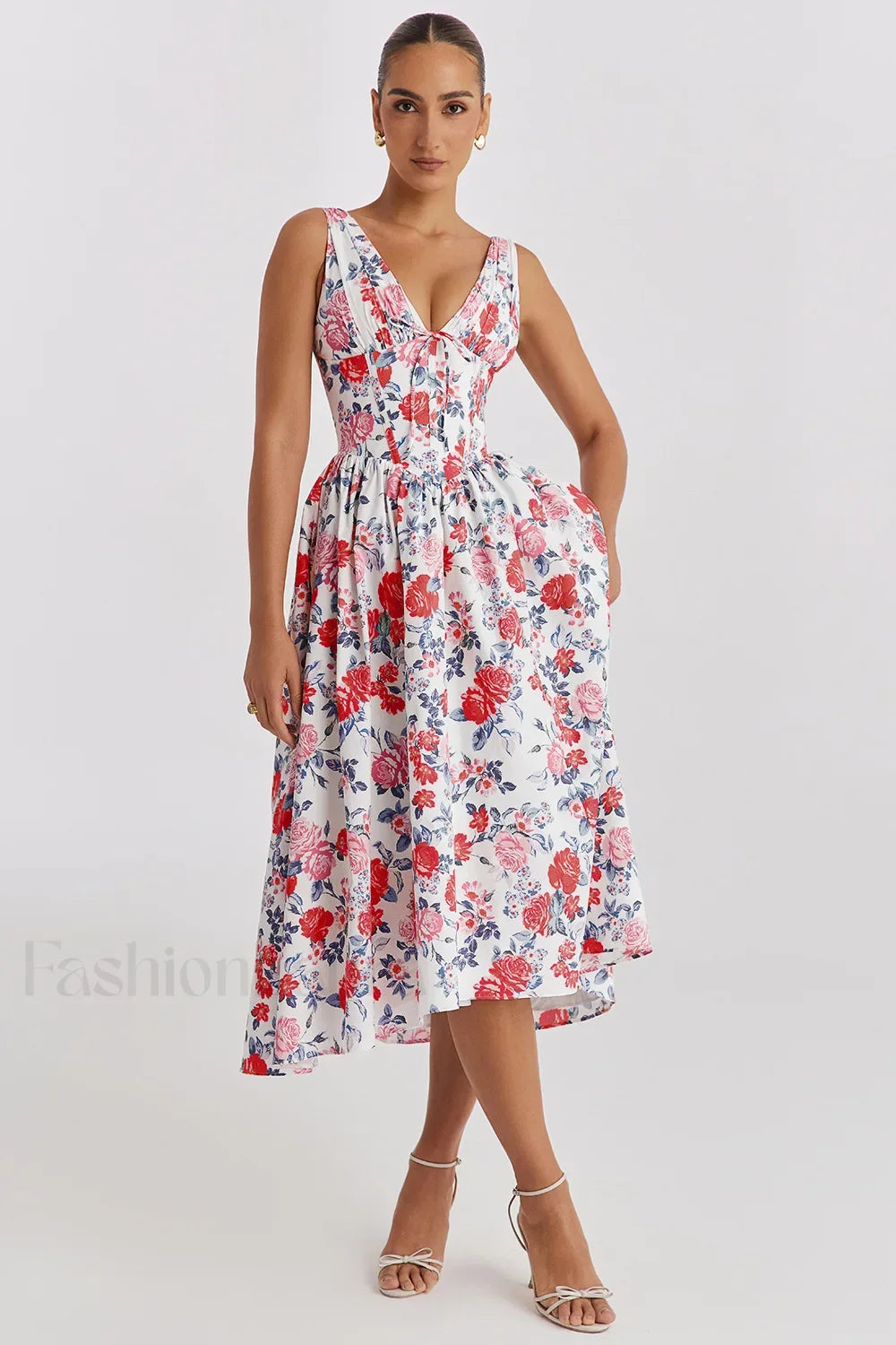 Slimming V Neck Midi Floral Dress Rose red / S